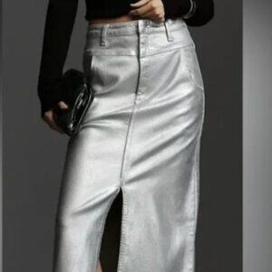 Pilcro Anthropologie Silver Metallic Structured Midi Skirt